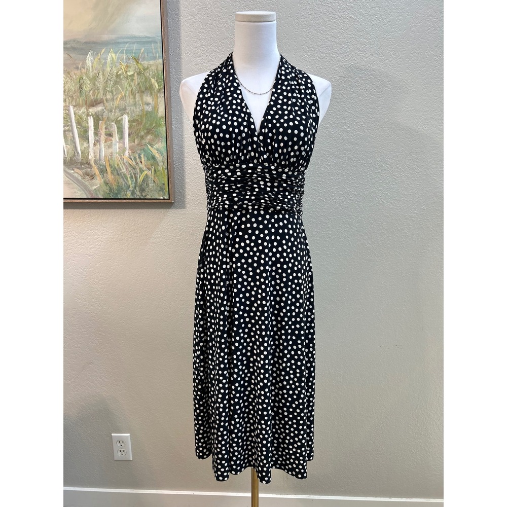 Evan Picone Petite Black White Polka Dot Halter Midi Dress Ruched Waist 6P